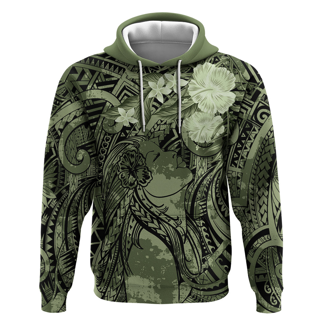 Pacific Beauty Girl Hoodie Green Polyneisan Tribal Vintage Motif