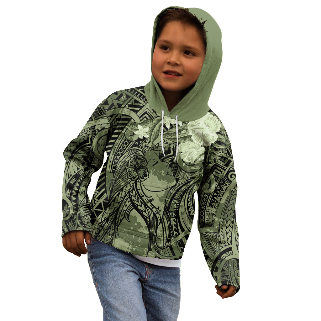 Pacific Beauty Girl Kid Hoodie Green Polyneisan Tribal Vintage Motif