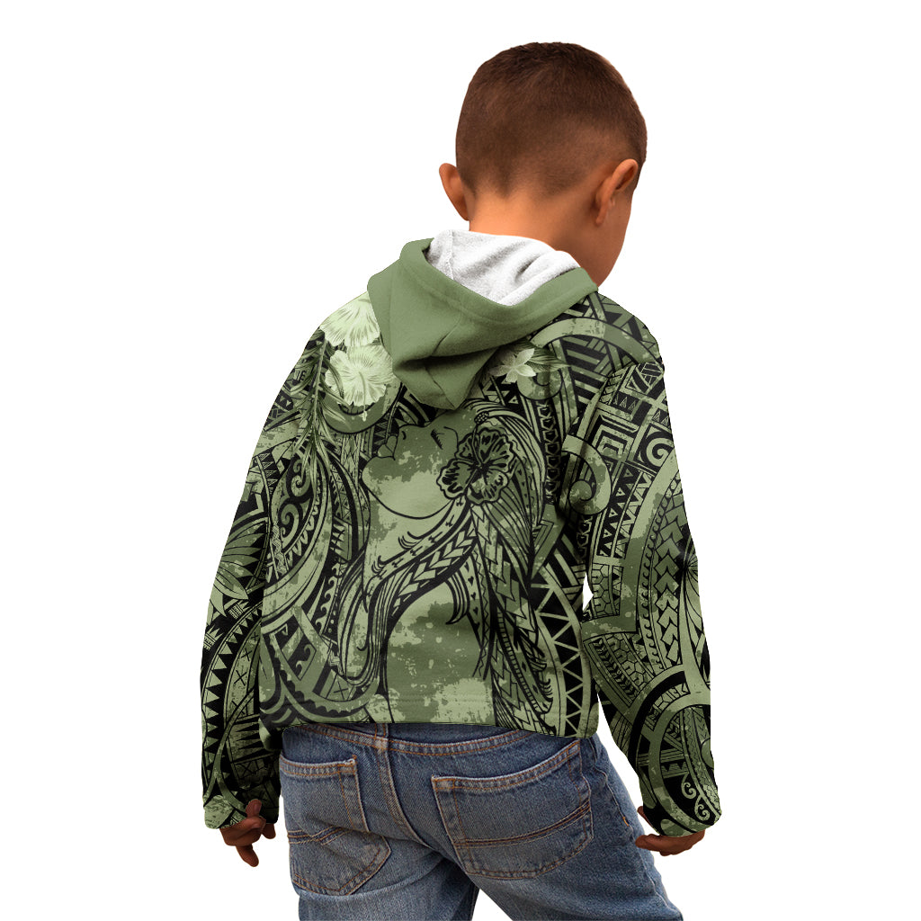 Pacific Beauty Girl Kid Hoodie Green Polyneisan Tribal Vintage Motif