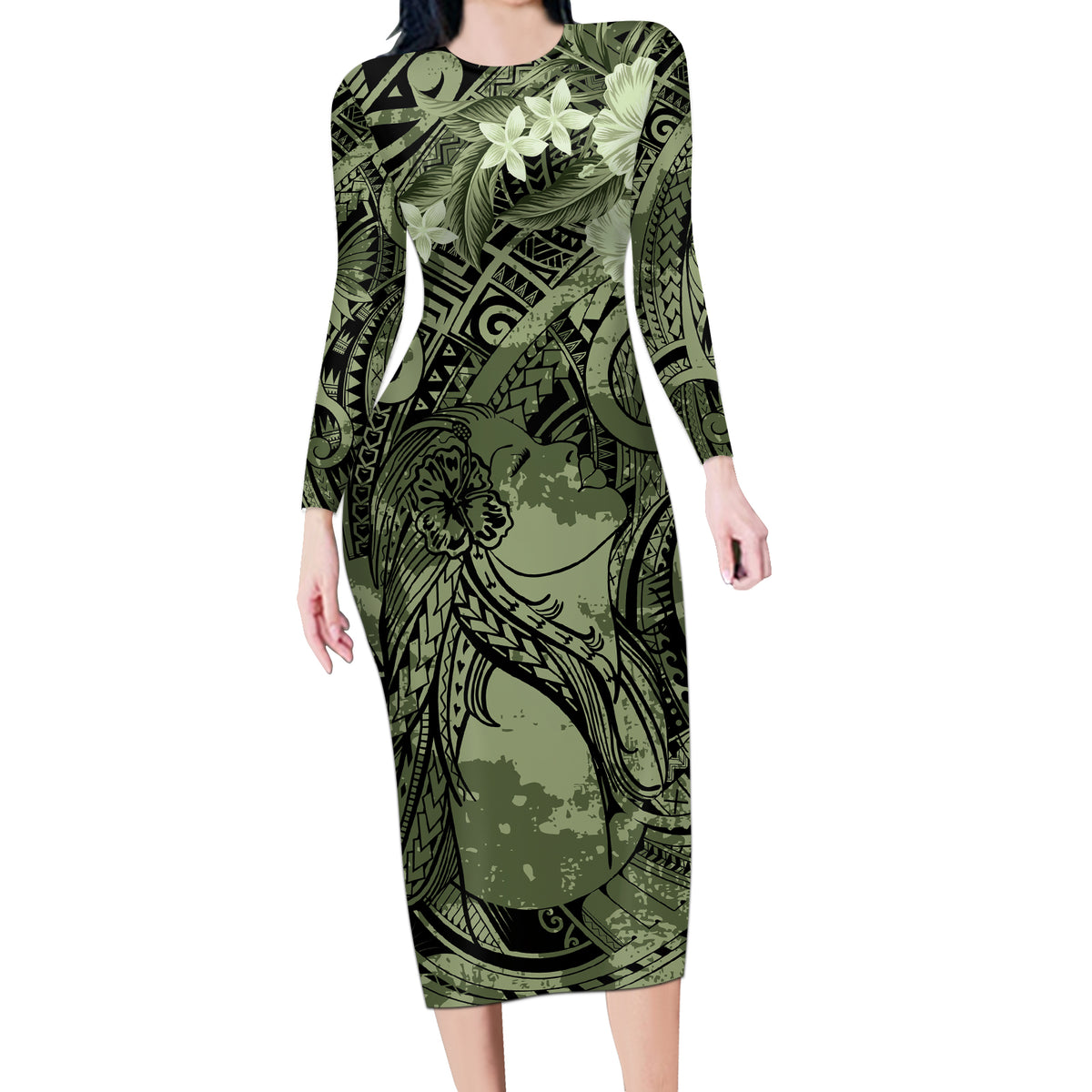 Pacific Beauty Girl Long Sleeve Bodycon Dress Green Polyneisan Tribal Vintage Motif LT9 Long Dress Green - Polynesian Pride