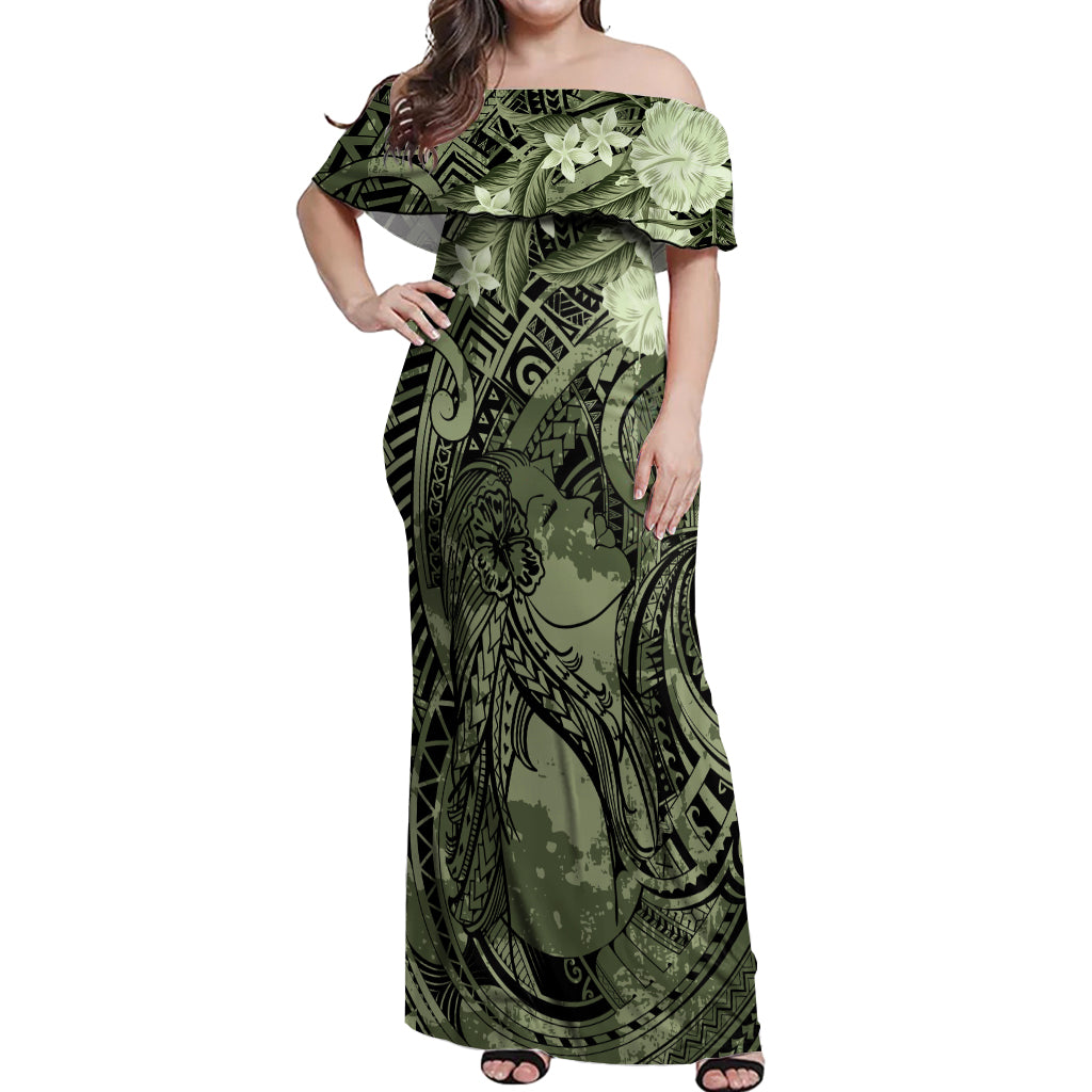 Pacific Beauty Girl Off Shoulder Maxi Dress Green Polyneisan Tribal Vintage Motif