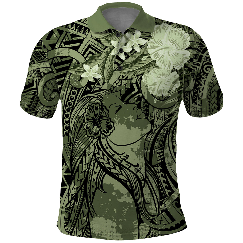 Pacific Beauty Girl Polo Shirt Green Polyneisan Tribal Vintage Motif