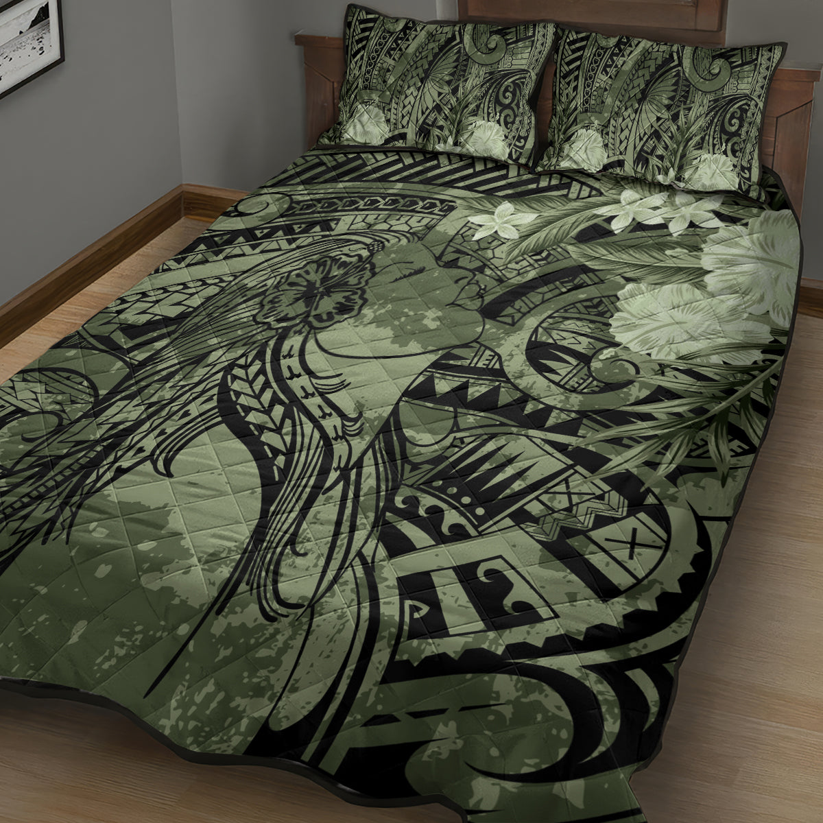 Pacific Beauty Girl Quilt Bed Set Green Polyneisan Tribal Vintage Motif LT9 - Polynesian Pride