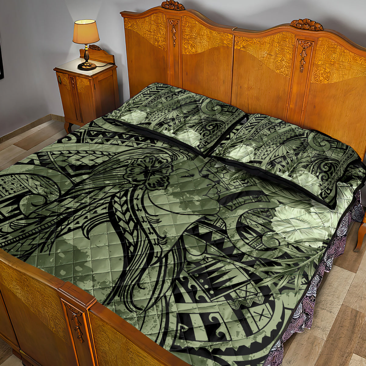Pacific Beauty Girl Quilt Bed Set Green Polyneisan Tribal Vintage Motif LT9 - Polynesian Pride