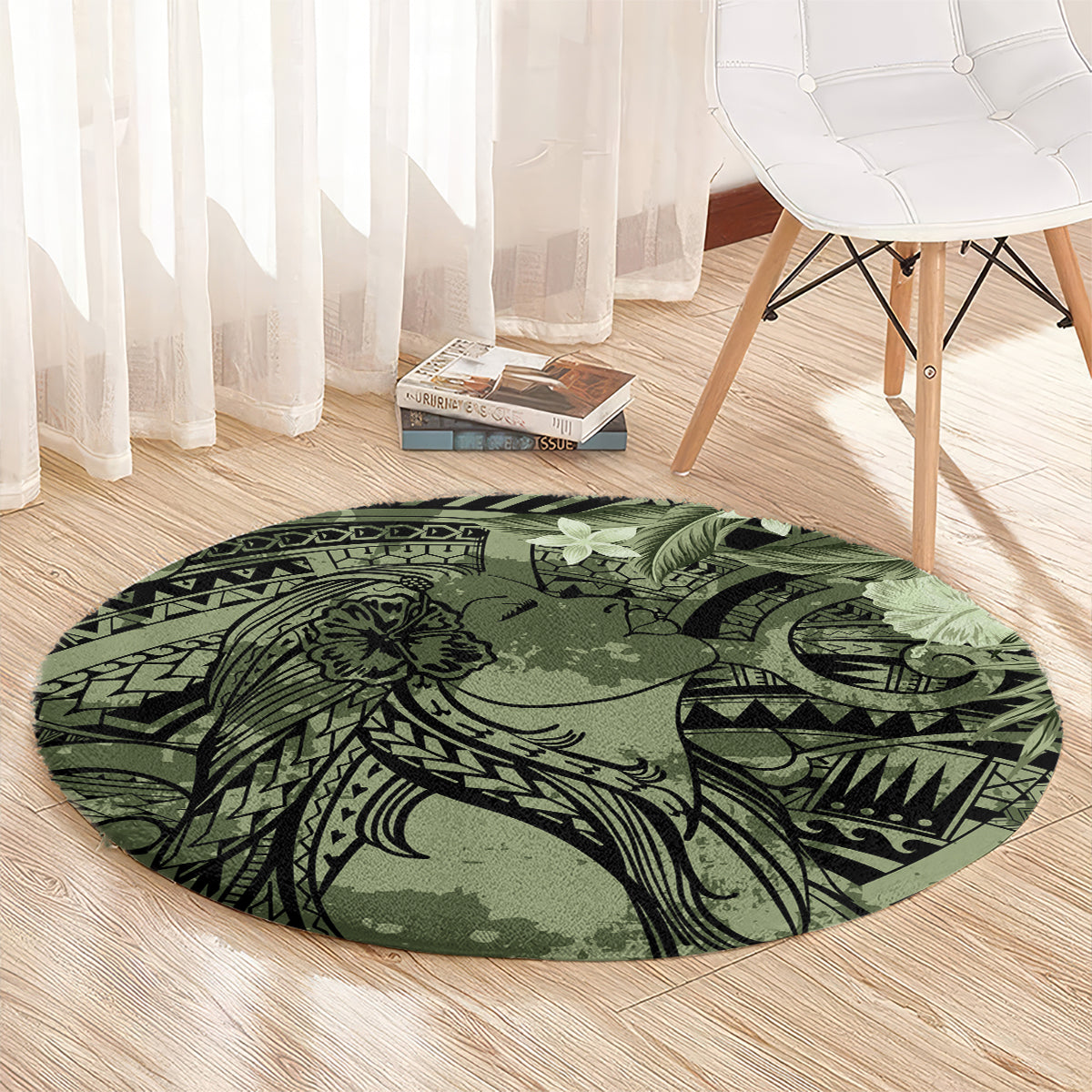 Pacific Beauty Girl Round Carpet Green Polyneisan Tribal Vintage Motif