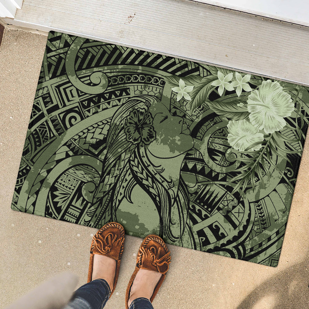 Pacific Beauty Girl Rubber Doormat Green Polyneisan Tribal Vintage Motif LT9 - Polynesian Pride