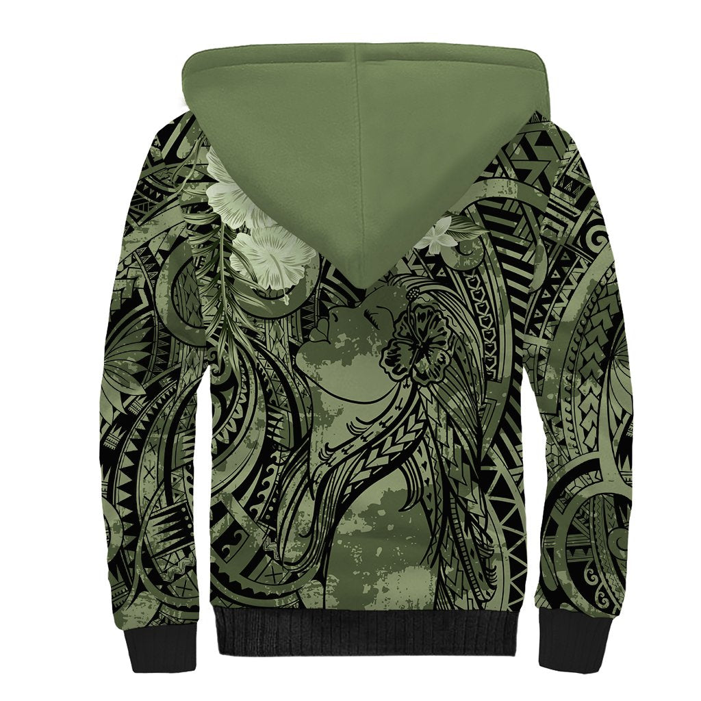 Pacific Beauty Girl Sherpa Hoodie Green Polyneisan Tribal Vintage Motif LT9 - Polynesian Pride