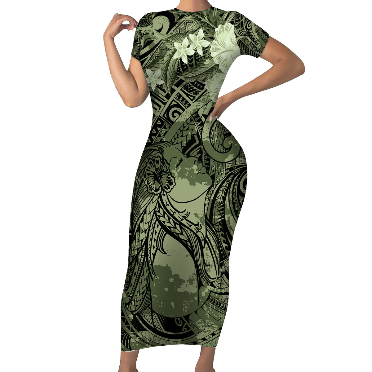 Pacific Beauty Girl Short Sleeve Bodycon Dress Green Polyneisan Tribal Vintage Motif LT9 Long Dress Green - Polynesian Pride