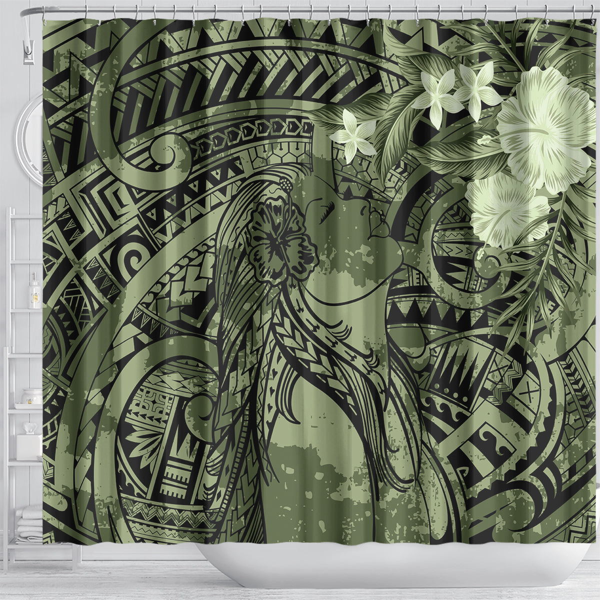 Pacific Beauty Girl Shower Curtain Green Polyneisan Tribal Vintage Motif