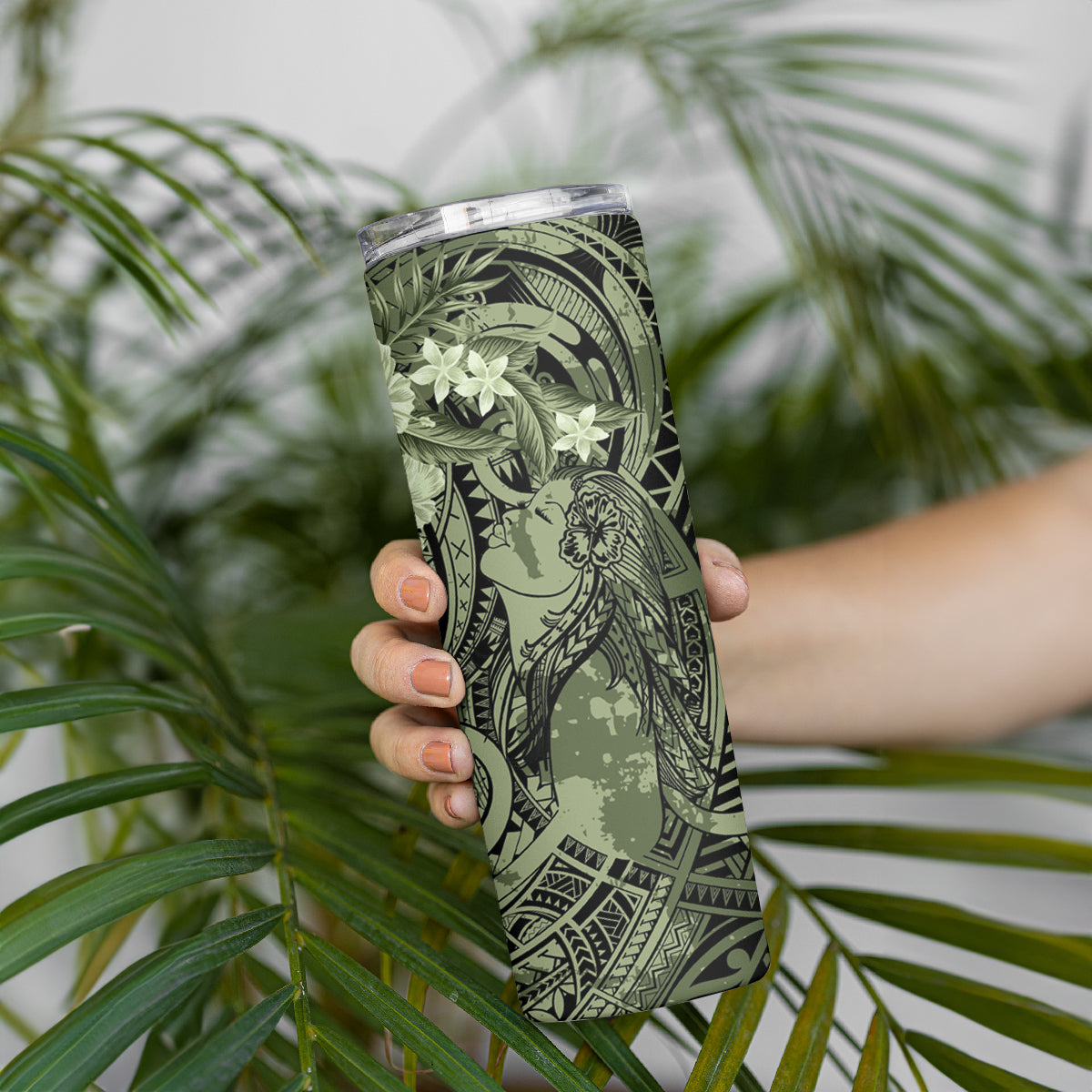 Pacific Beauty Girl Skinny Tumbler Green Polyneisan Tribal Vintage Motif