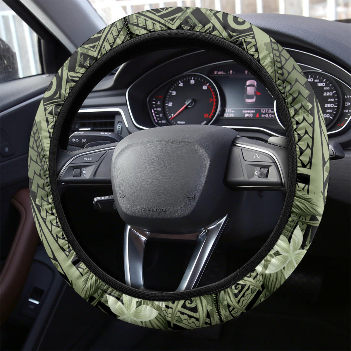 Pacific Beauty Girl Steering Wheel Cover Green Polyneisan Tribal Vintage Motif