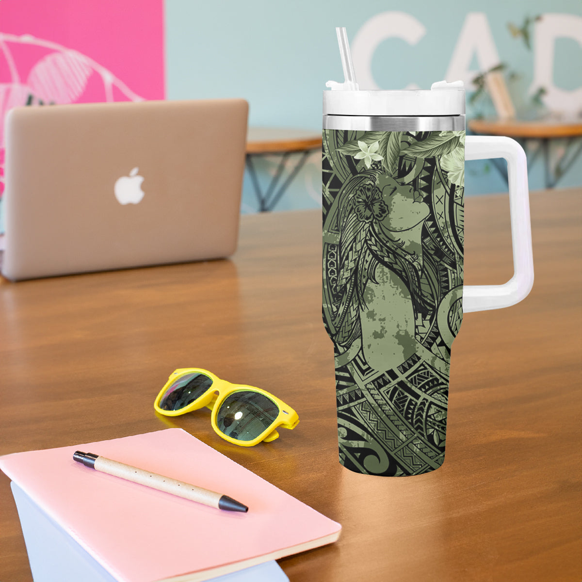 Pacific Beauty Girl Tumbler With Handle Green Polyneisan Tribal Vintage Motif