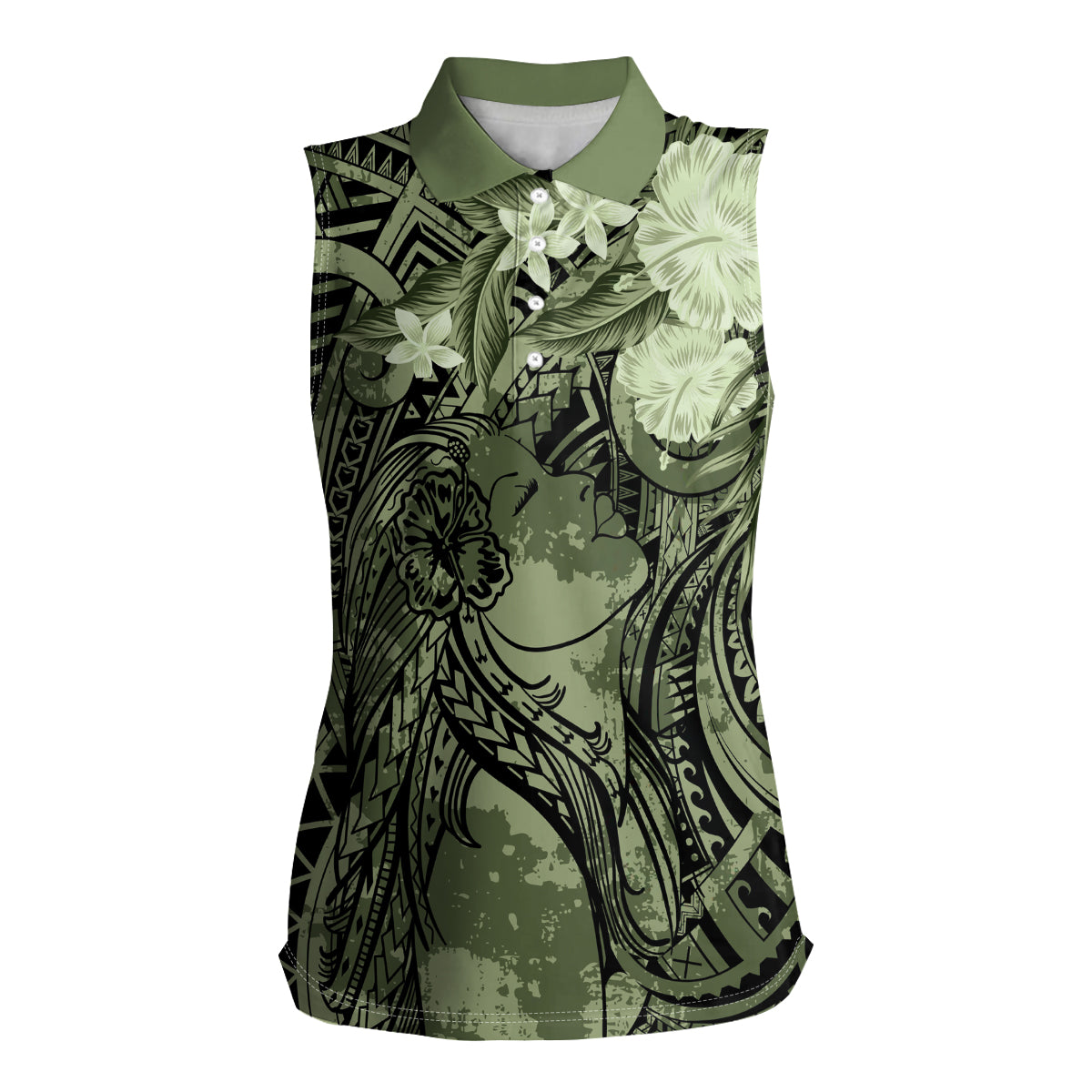 Pacific Beauty Girl Women Sleeveless Polo Shirt Green Polyneisan Tribal Vintage Motif
