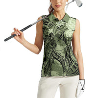Pacific Beauty Girl Women Sleeveless Polo Shirt Green Polyneisan Tribal Vintage Motif