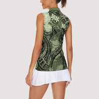 Pacific Beauty Girl Women Sleeveless Polo Shirt Green Polyneisan Tribal Vintage Motif