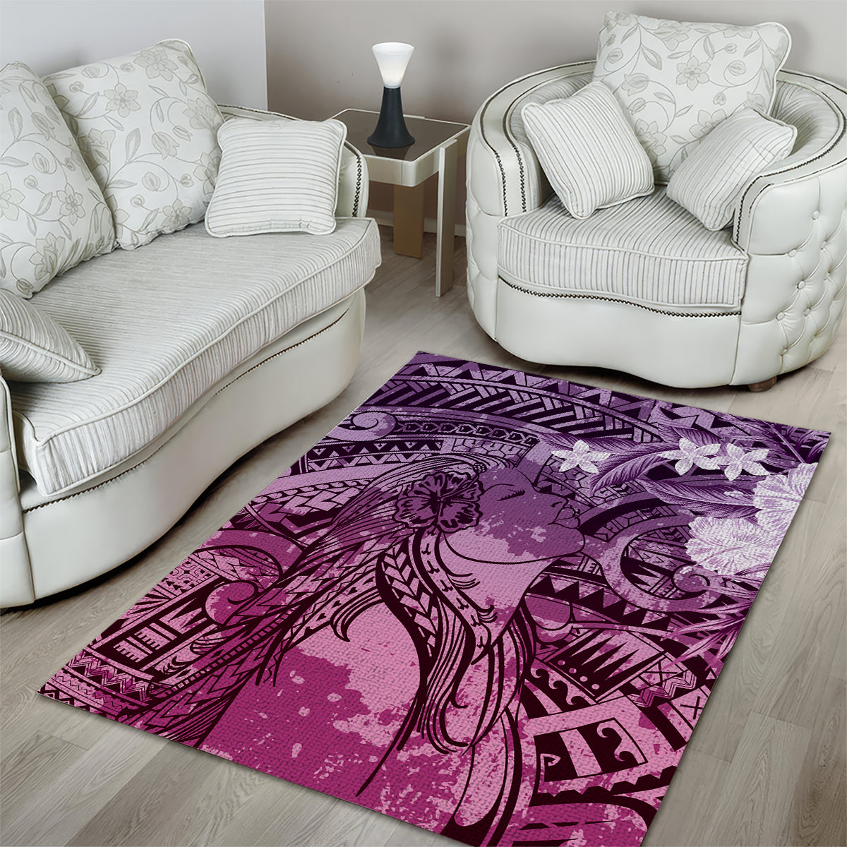 Pacific Beauty Girl Area Rug Pink Polyneisan Tribal Vintage Motif