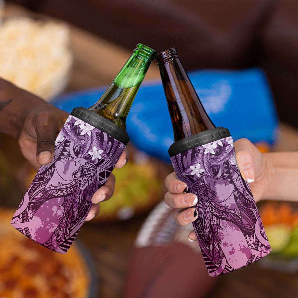 Pacific Beauty Girl 4 in 1 Can Cooler Tumbler Pink Polyneisan Tribal Vintage Motif