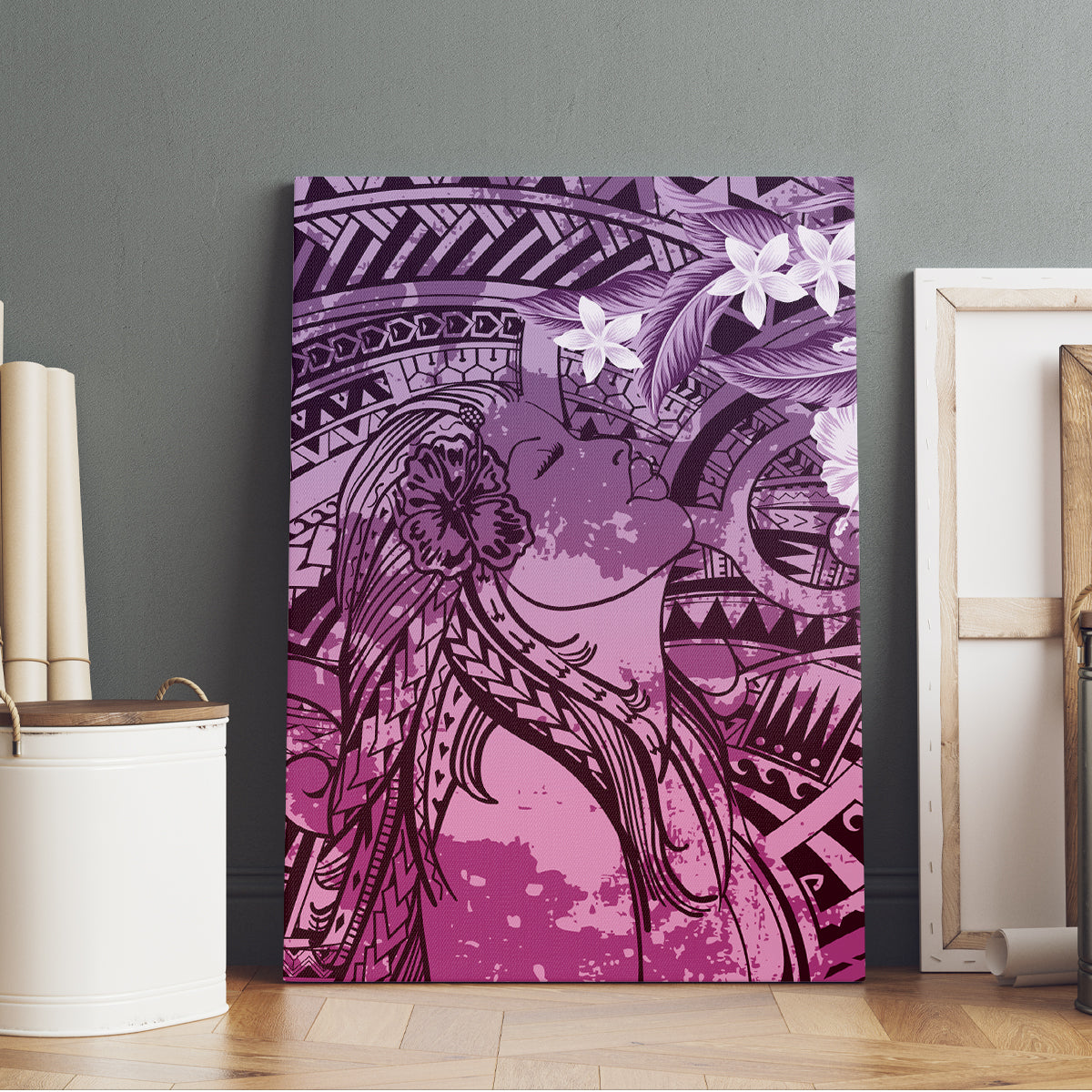 Pacific Beauty Girl Canvas Wall Art Pink Polyneisan Tribal Vintage Motif