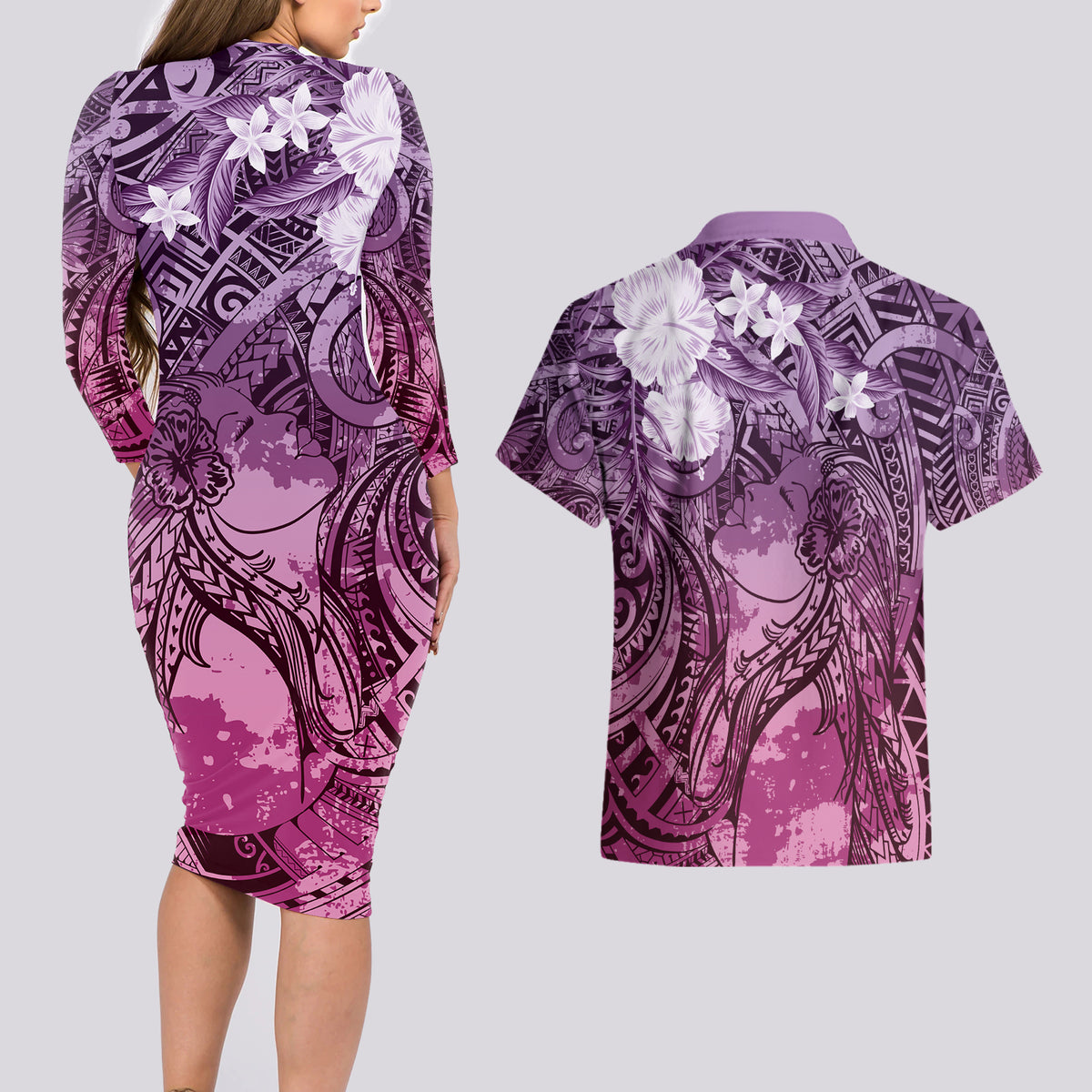 Pacific Beauty Girl Couples Matching Long Sleeve Bodycon Dress and Hawaiian Shirt Pink Polyneisan Tribal Vintage Motif LT9 - Polynesian Pride