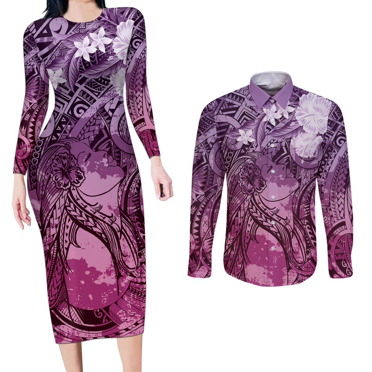 Pacific Beauty Girl Couples Matching Long Sleeve Bodycon Dress and Long Sleeve Button Shirt Pink Polyneisan Tribal Vintage Motif LT9 Pink - Polynesian Pride