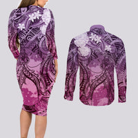 Pacific Beauty Girl Couples Matching Long Sleeve Bodycon Dress and Long Sleeve Button Shirt Pink Polyneisan Tribal Vintage Motif LT9 - Polynesian Pride