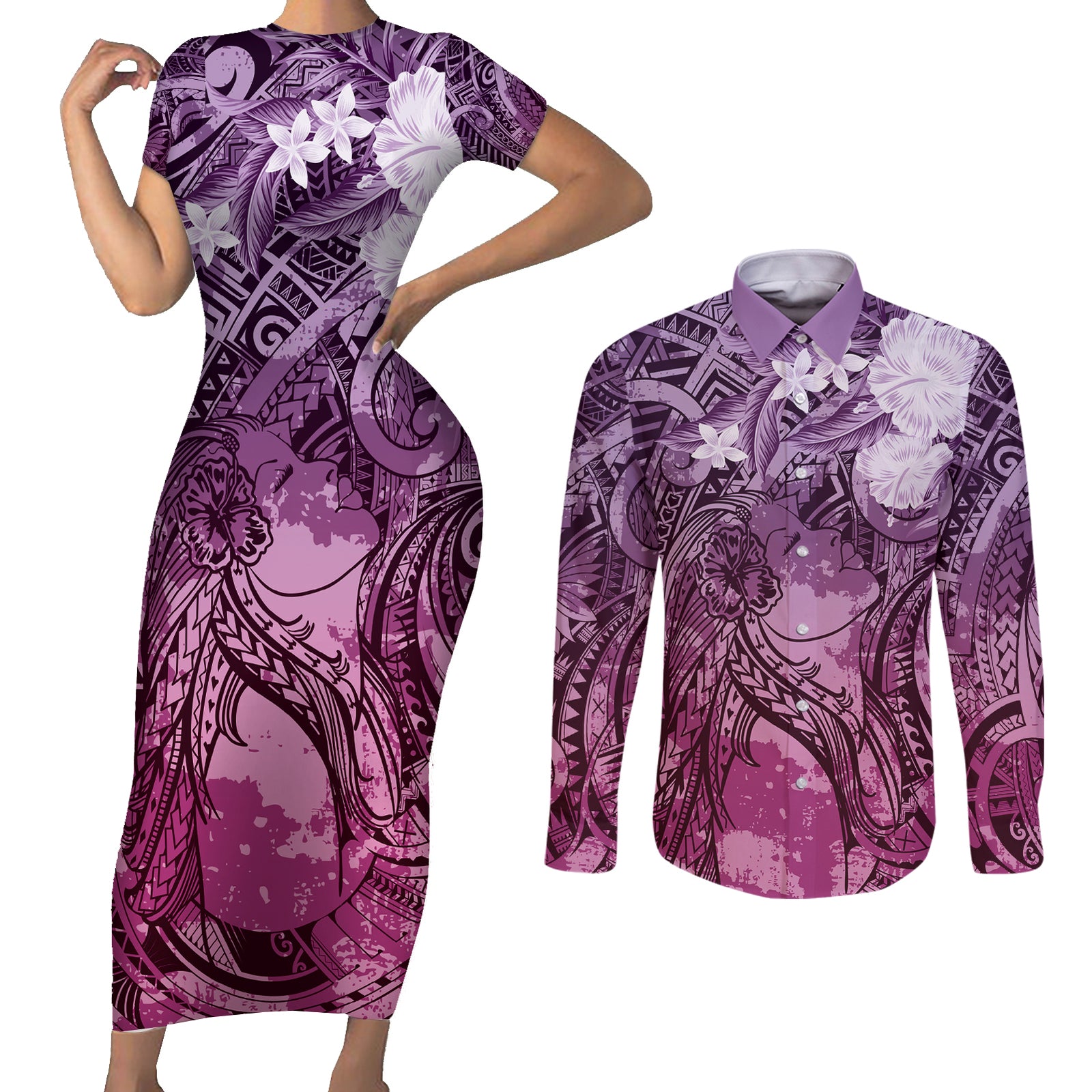 Pacific Beauty Girl Couples Matching Short Sleeve Bodycon Dress and Long Sleeve Button Shirt Pink Polyneisan Tribal Vintage Motif