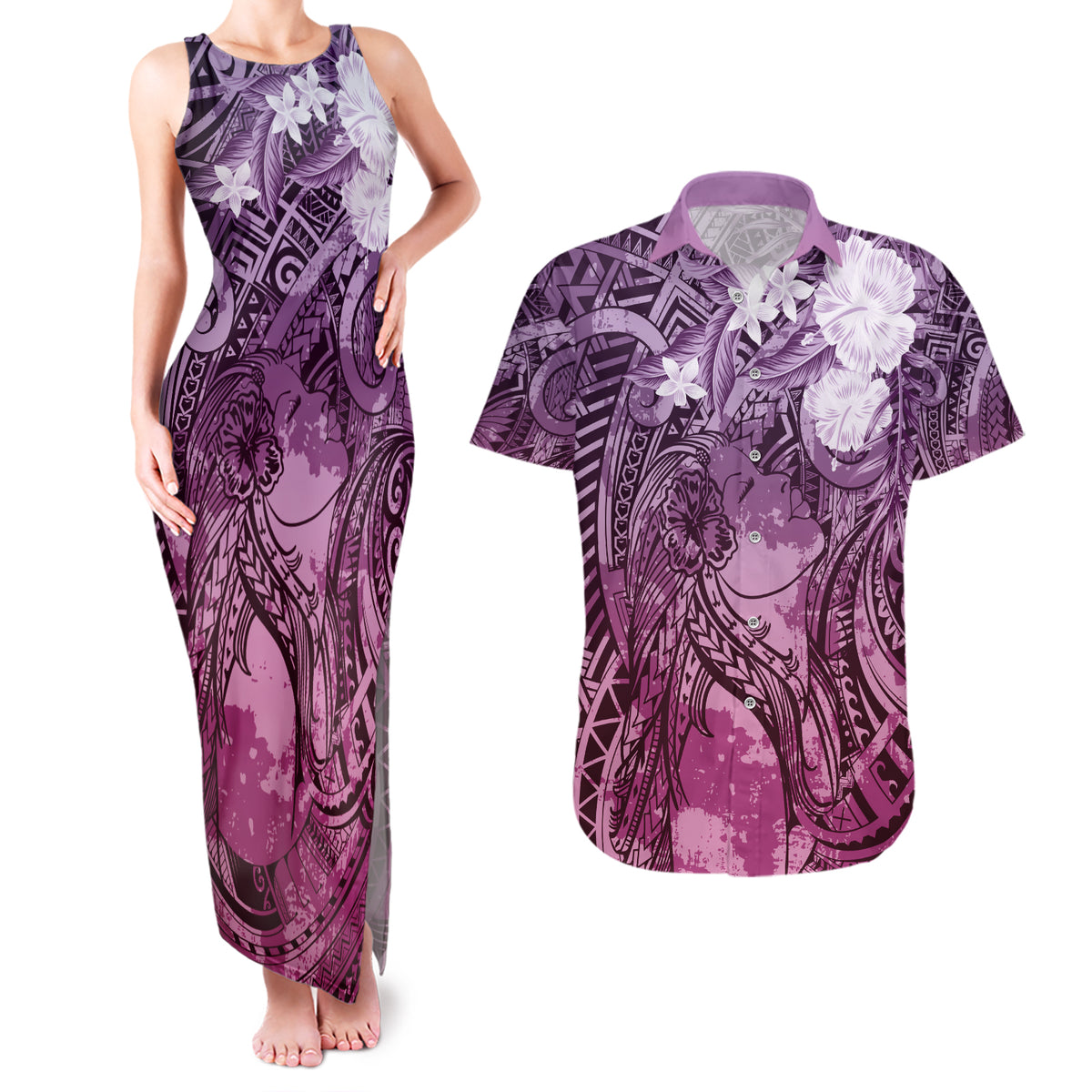 Pacific Beauty Girl Couples Matching Tank Maxi Dress and Hawaiian Shirt Pink Polyneisan Tribal Vintage Motif LT9 Pink - Polynesian Pride