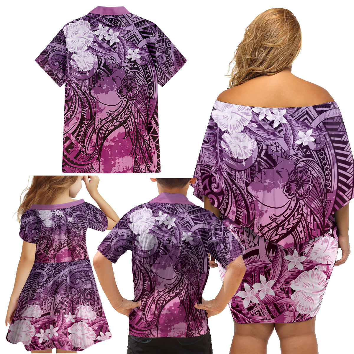 Pacific Beauty Girl Family Matching Off Shoulder Short Dress and Hawaiian Shirt Pink Polyneisan Tribal Vintage Motif