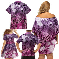 Pacific Beauty Girl Family Matching Off Shoulder Short Dress and Hawaiian Shirt Pink Polyneisan Tribal Vintage Motif