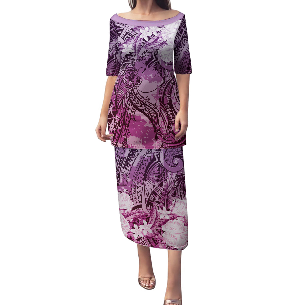 Pacific Beauty Girl Family Matching Puletasi and Hawaiian Shirt Pink Polyneisan Tribal Vintage Motif