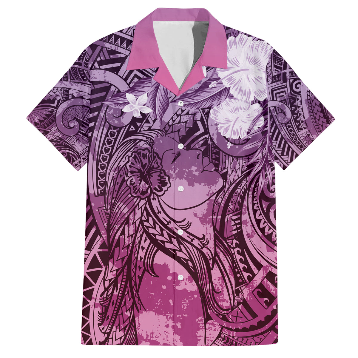 Pacific Beauty Girl Family Matching Short Sleeve Bodycon Dress and Hawaiian Shirt Pink Polyneisan Tribal Vintage Motif