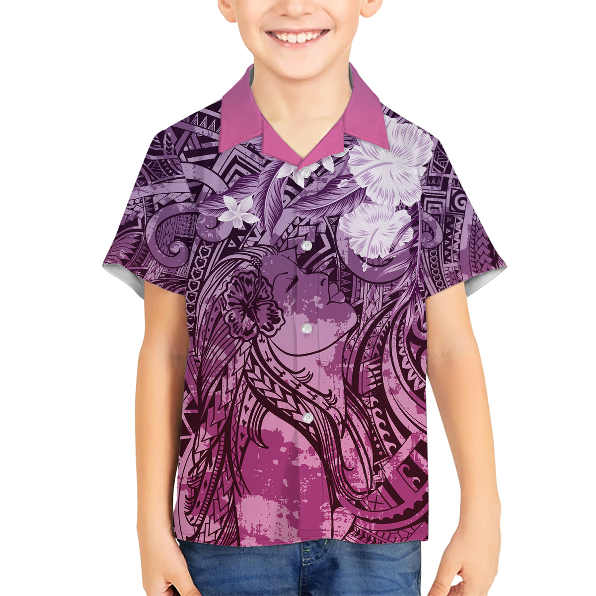 Pacific Beauty Girl Kid Hawaiian Shirt Pink Polyneisan Tribal Vintage Motif