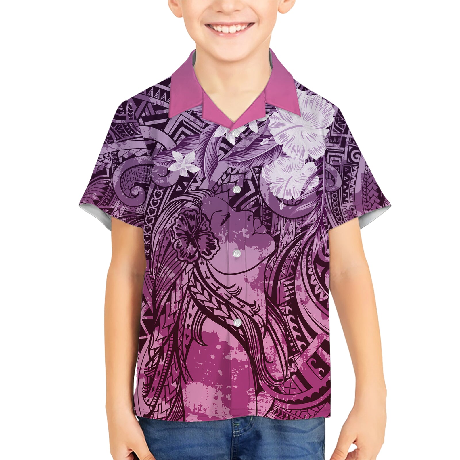 Pacific Beauty Girl Kid Hawaiian Shirt Pink Polyneisan Tribal Vintage Motif
