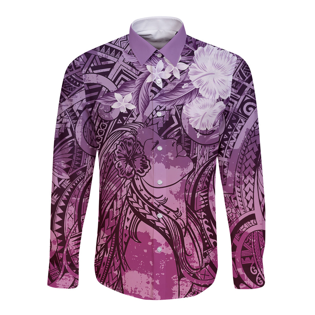 Pacific Beauty Girl Long Sleeve Button Shirt Pink Polyneisan Tribal Vintage Motif