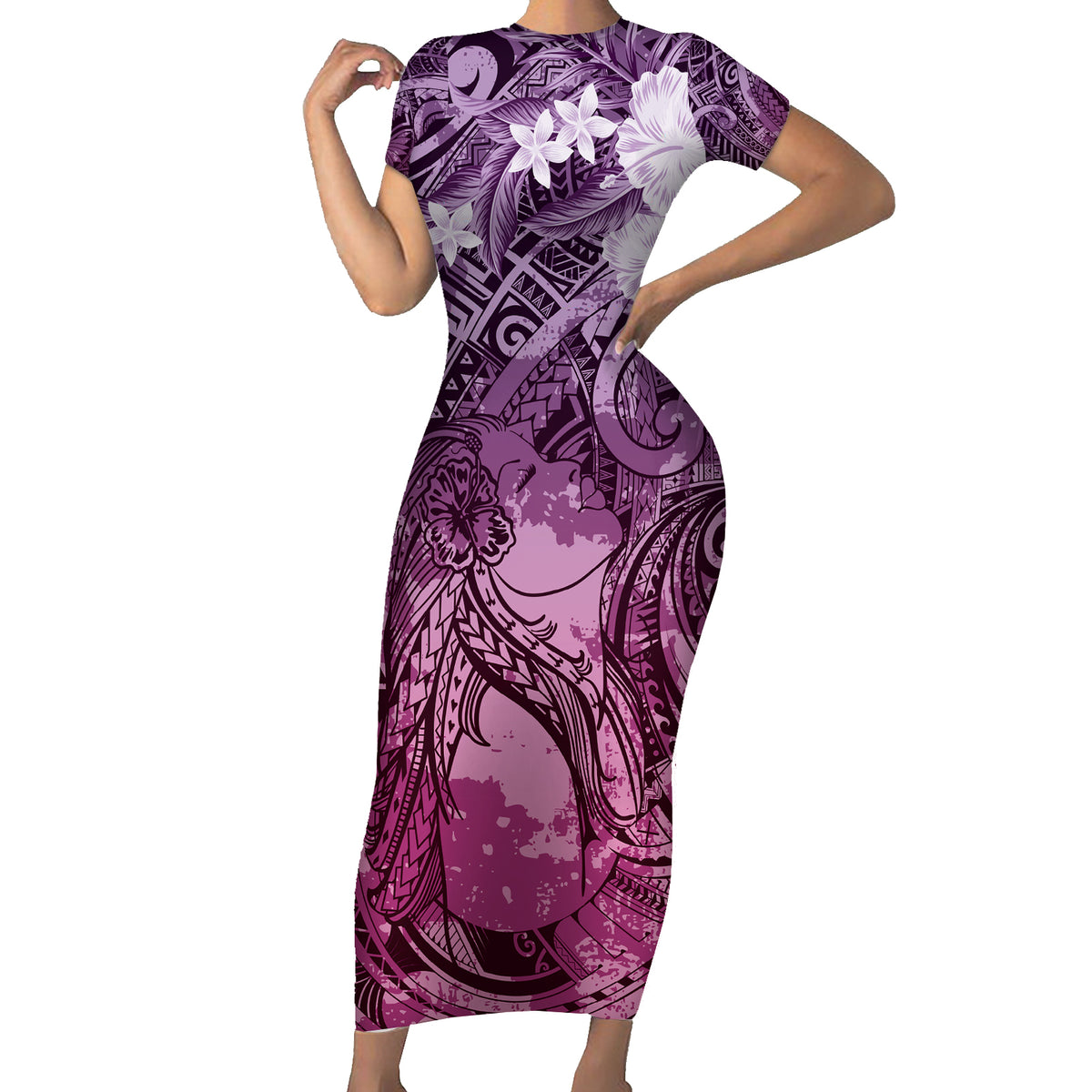 Pacific Beauty Girl Short Sleeve Bodycon Dress Pink Polyneisan Tribal Vintage Motif LT9 Long Dress Pink - Polynesian Pride