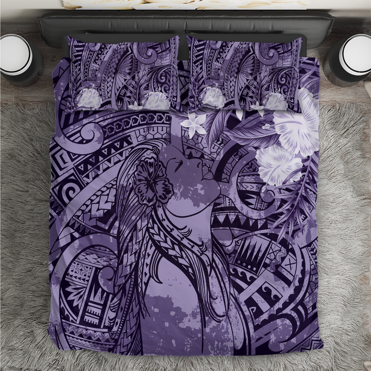 Pacific Beauty Girl Bedding Set Violet Polyneisan Tribal Vintage Motif