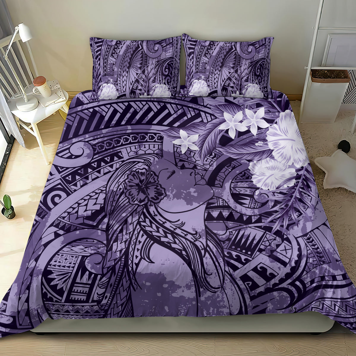 Pacific Beauty Girl Bedding Set Violet Polyneisan Tribal Vintage Motif