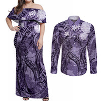 Pacific Beauty Girl Couples Matching Off Shoulder Maxi Dress and Long Sleeve Button Shirt Violet Polyneisan Tribal Vintage Motif LT9 Violet - Polynesian Pride