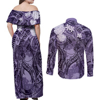 Pacific Beauty Girl Couples Matching Off Shoulder Maxi Dress and Long Sleeve Button Shirt Violet Polyneisan Tribal Vintage Motif LT9 - Polynesian Pride