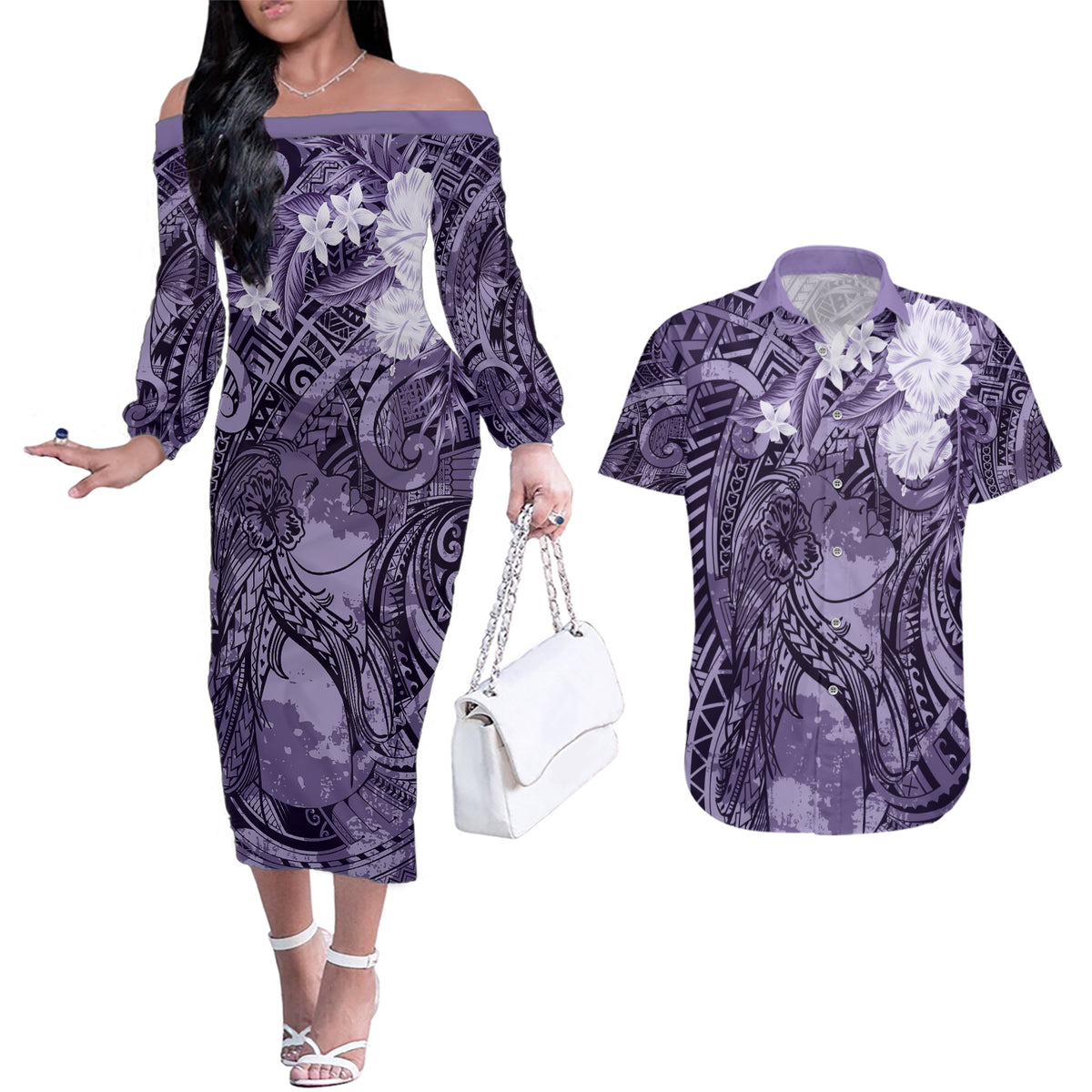 Pacific Beauty Girl Couples Matching Off The Shoulder Long Sleeve Dress and Hawaiian Shirt Violet Polyneisan Tribal Vintage Motif