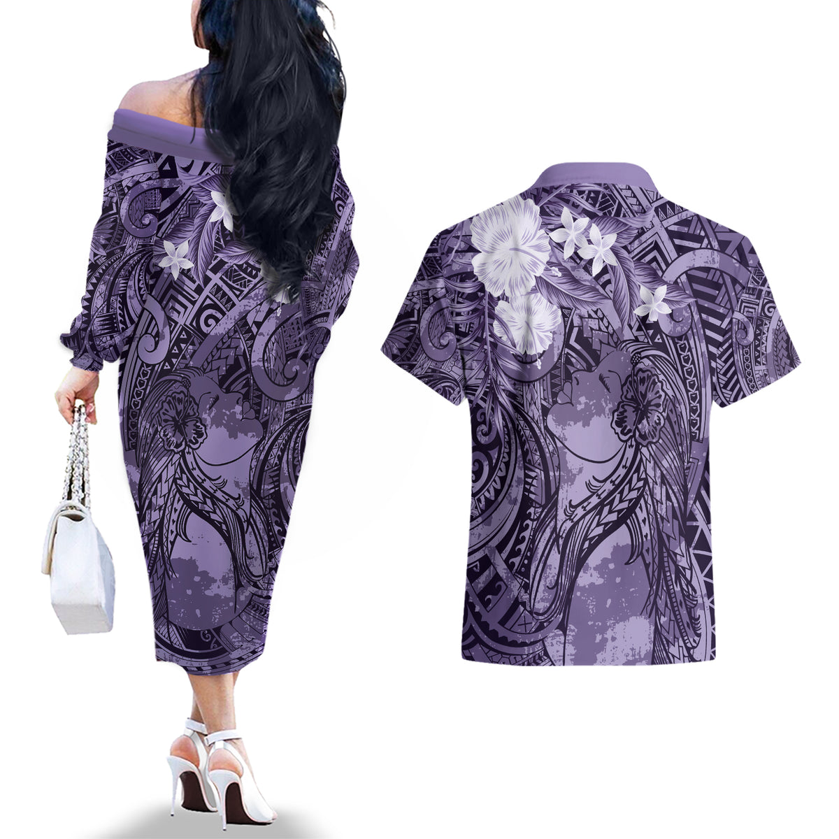 Pacific Beauty Girl Couples Matching Off The Shoulder Long Sleeve Dress and Hawaiian Shirt Violet Polyneisan Tribal Vintage Motif