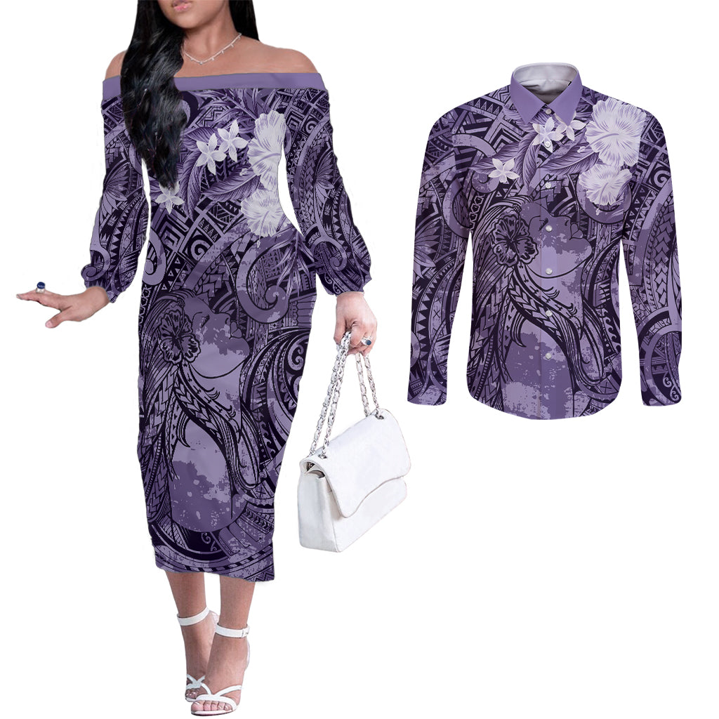 Pacific Beauty Girl Couples Matching Off The Shoulder Long Sleeve Dress and Long Sleeve Button Shirt Violet Polyneisan Tribal Vintage Motif LT9 Violet - Polynesian Pride