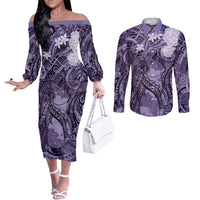Pacific Beauty Girl Couples Matching Off The Shoulder Long Sleeve Dress and Long Sleeve Button Shirt Violet Polyneisan Tribal Vintage Motif LT9 Violet - Polynesian Pride