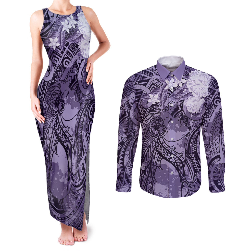 Pacific Beauty Girl Couples Matching Tank Maxi Dress and Long Sleeve Button Shirt Violet Polyneisan Tribal Vintage Motif LT9 Violet - Polynesian Pride