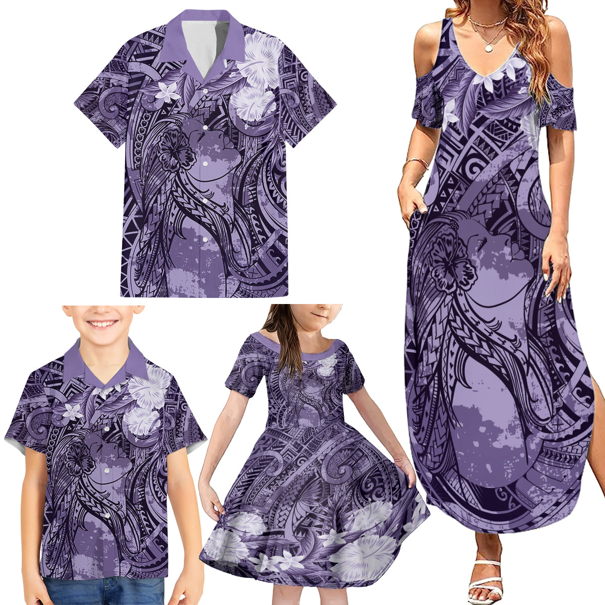 Pacific Beauty Girl Family Matching Summer Maxi Dress and Hawaiian Shirt Violet Polyneisan Tribal Vintage Motif LT9 - Polynesian Pride