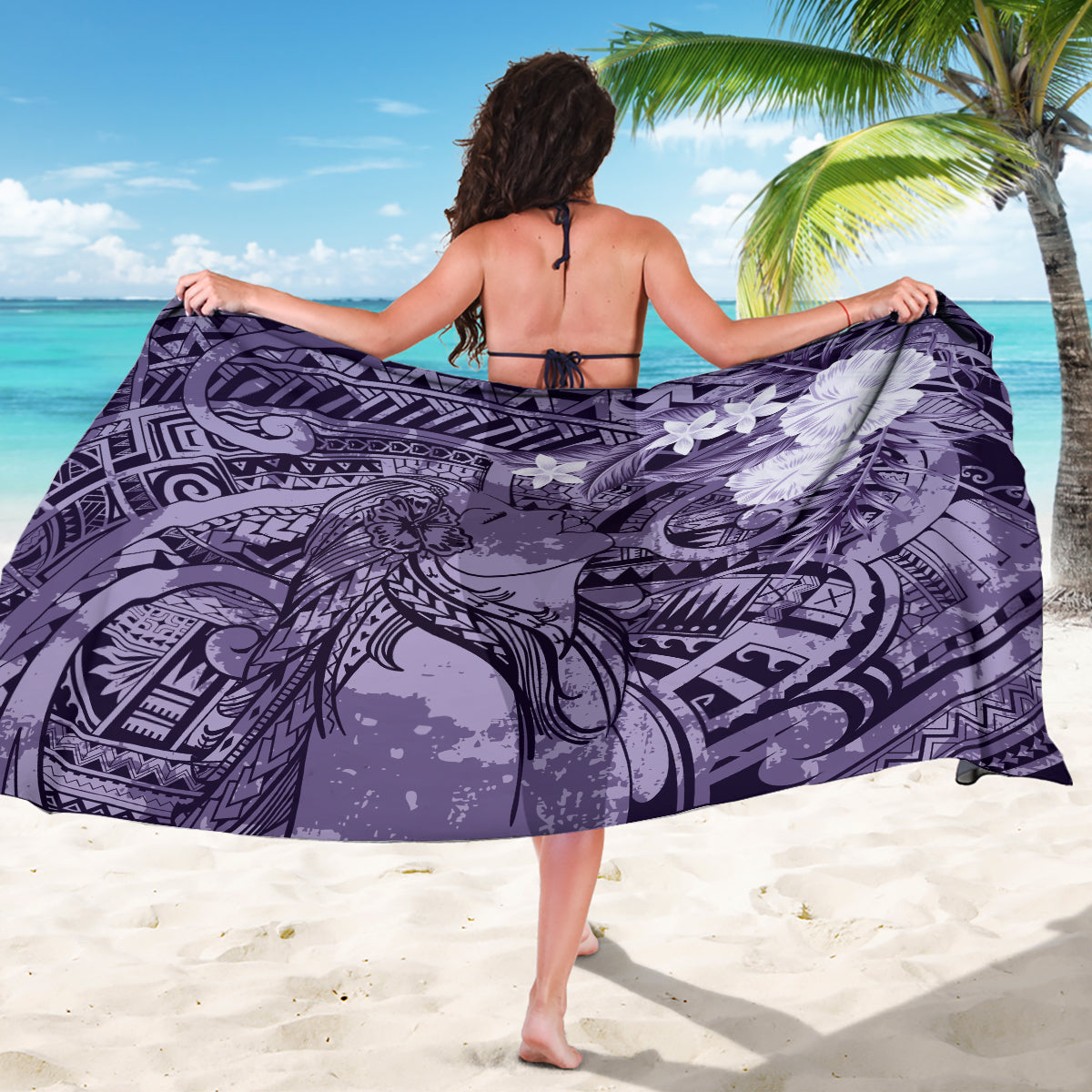 Pacific Beauty Girl Sarong Violet Polyneisan Tribal Vintage Motif