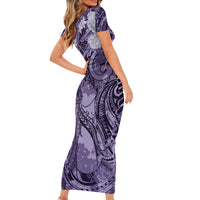 Pacific Beauty Girl Short Sleeve Bodycon Dress Violet Polyneisan Tribal Vintage Motif
