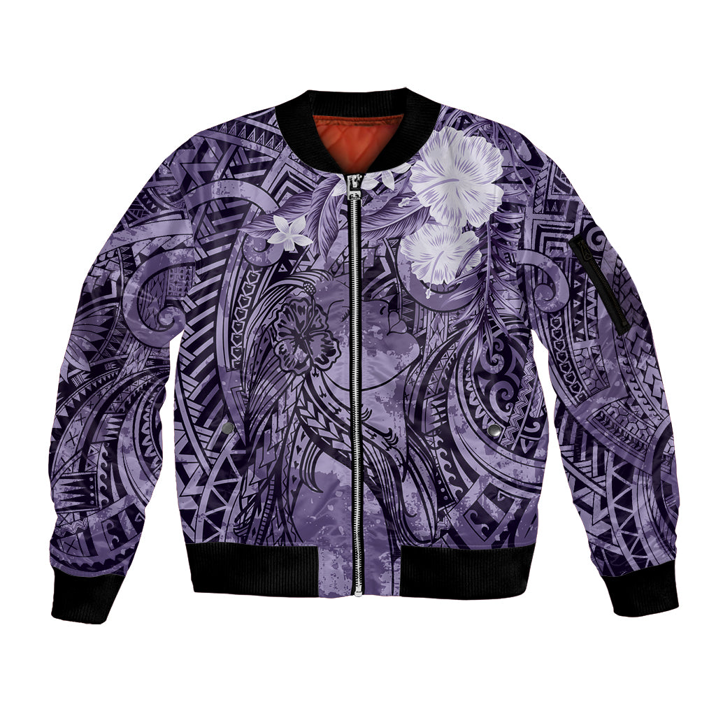 Pacific Beauty Girl Sleeve Zip Bomber Jacket Violet Polyneisan Tribal Vintage Motif LT9 Unisex Violet - Polynesian Pride