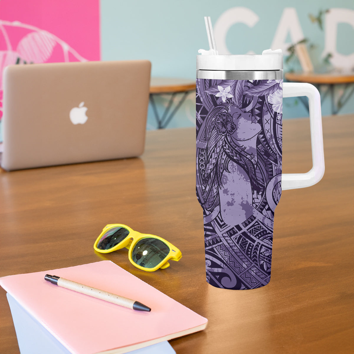 Pacific Beauty Girl Tumbler With Handle Violet Polyneisan Tribal Vintage Motif