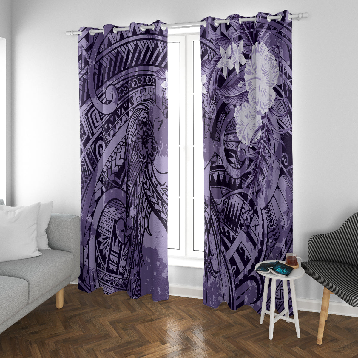 Pacific Beauty Girl Window Curtain Violet Polyneisan Tribal Vintage Motif